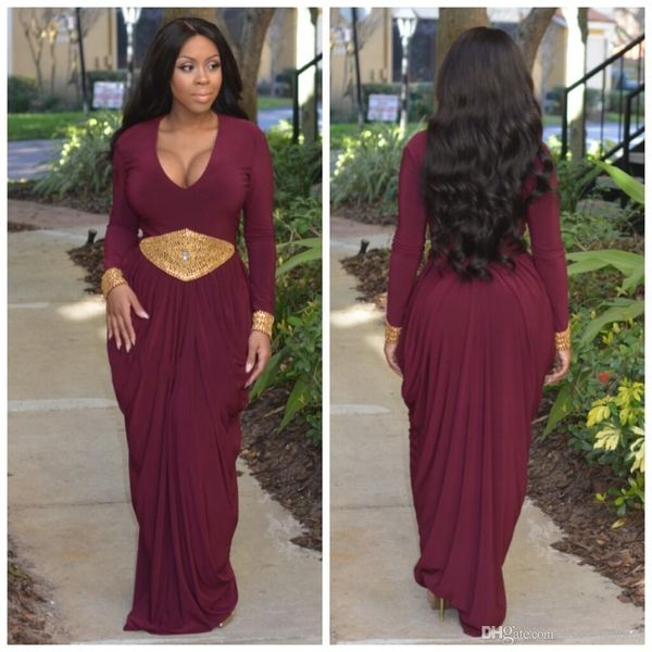 

afric style burgundy arabic evening dress with long sleeves gold beaded sash sheath women maxi gowns plus size dubai prom party dresses 2015, Black;red