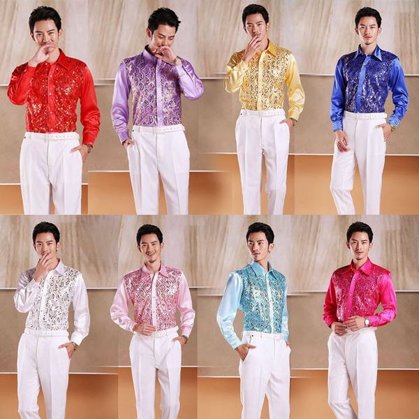 

wholesale-men's glittering sequined shirt shirt stage performance clothing dance gala hosted chorus shirts, White;black
