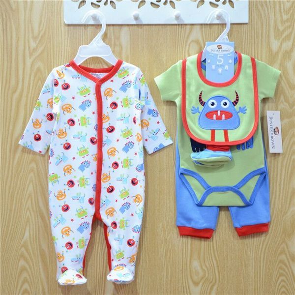 

2016 infants baby cotton bodysuits rompers boys girls bodysuits+pant+hat+socks=bibs 5pcs set cotton babys clothing 8colors #3867, White