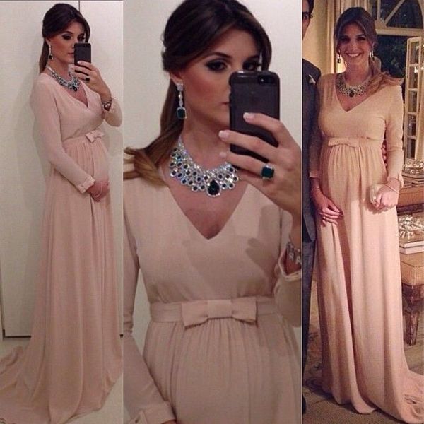 

chiffon plus size prom dress pink v-neck a-line evening gown long sleeves maternity formal party evening dress al7508, Black
