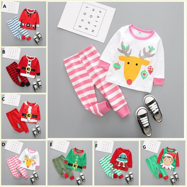 Çocuklar Erkek Kız Noel Pijama Set Uzun Kollu Çizgili Pantolon Gecelikler Yürüyor Bebek Erkek Kız Giysileri Tops