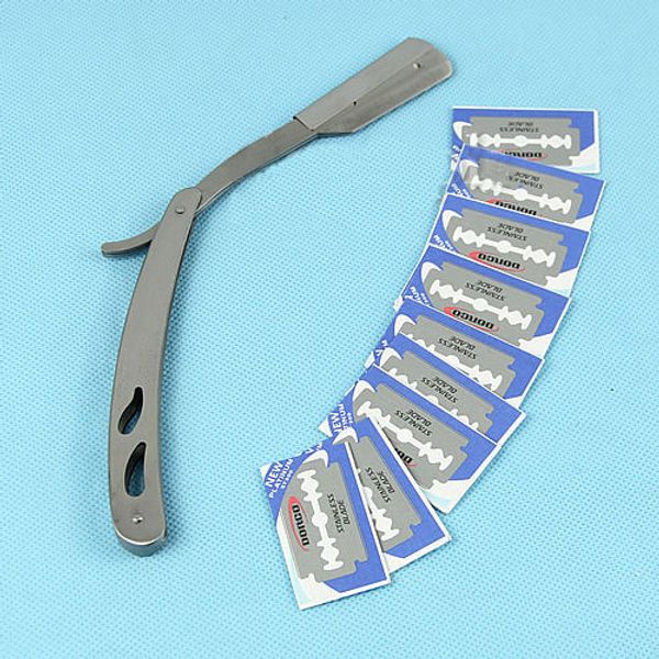 

Straight barber edge teel razor folding having knife with 10 pc blade