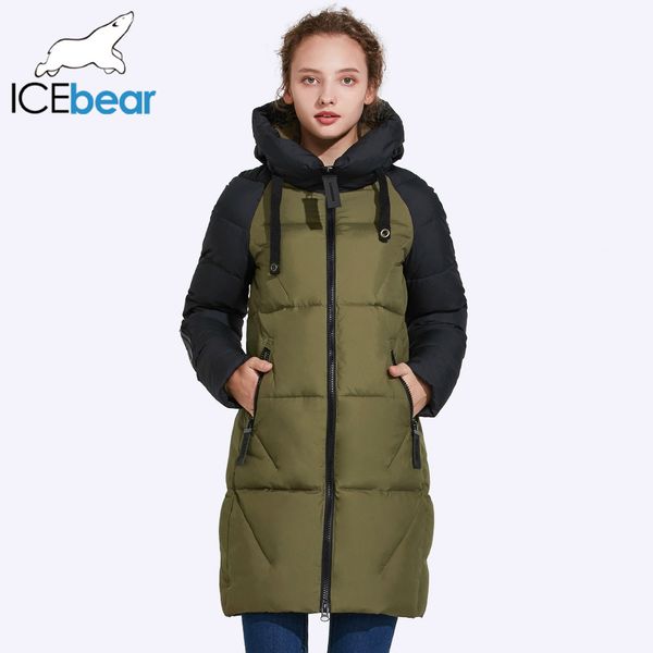 

x201711 icebear 2017 new women winter jacket hooded jacket women contrast color mid-long new women's cotton coat to knee 17g637d, Black