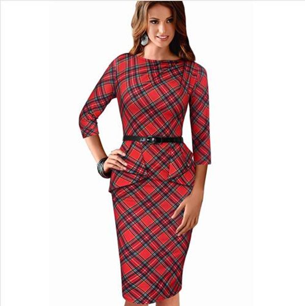 

lcw new women vintage elegant belted tartan peplum ruched tunic work cocktail party cap sleeve bodycon sheath dress, Black;gray