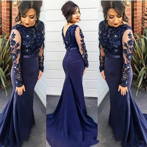 

navy blue mermaid mother of the bride dresses lace appliques long sleeves prom dress sweep train evening gowns women formal wear 2019, Black;red