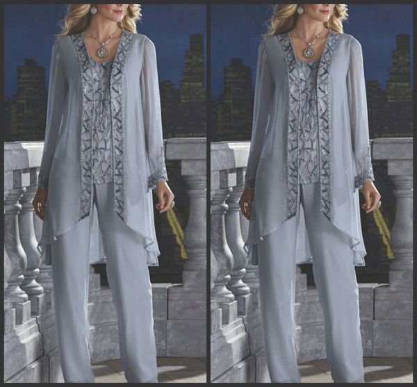 

2019 New Mother Of The Bride Groom 3 Piece Pant Suit Silver Chiffon Beach Wedding Mothers Dress Long Sleeves Beads Formal Evening Wear 118