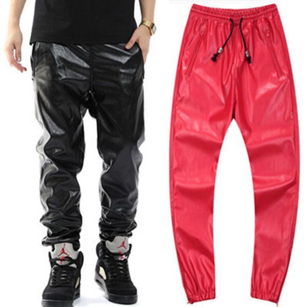

wholesale-mens fashion leather joggers black and red rock faux leather pants men kanye west high waist hip hop street dance sweatpants