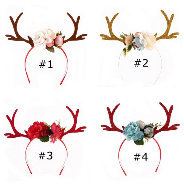 

girls flower antlers hairband funny cute alloy deer horn christmas hairbands lace flower headbands for party halloween gift, Slivery;white