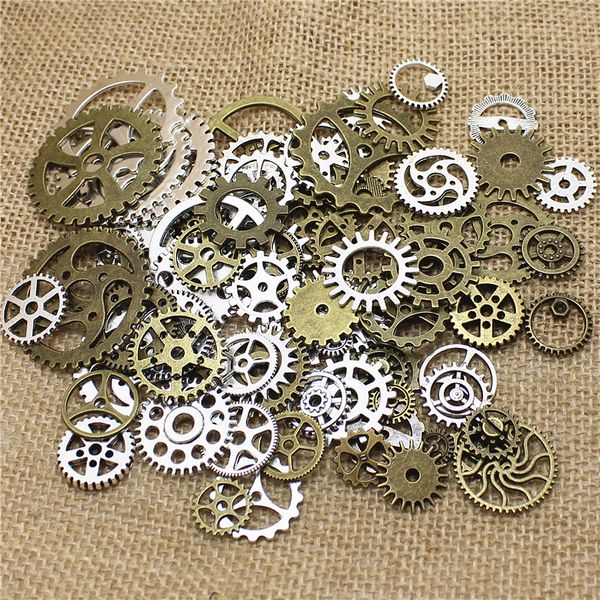 

wholesale-wholesale mix 100 pcs vintage steampunk charms gear pendant two color fit bracelets necklace t0484, Bronze;silver