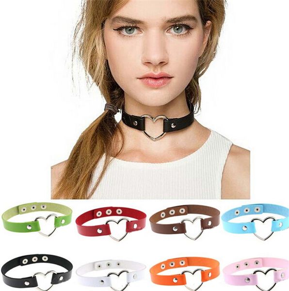 

34 color goth style leather choker womens alloy heart charm ring collar funky necklace fashion jewelry handmade valentine gift k355, Golden;silver
