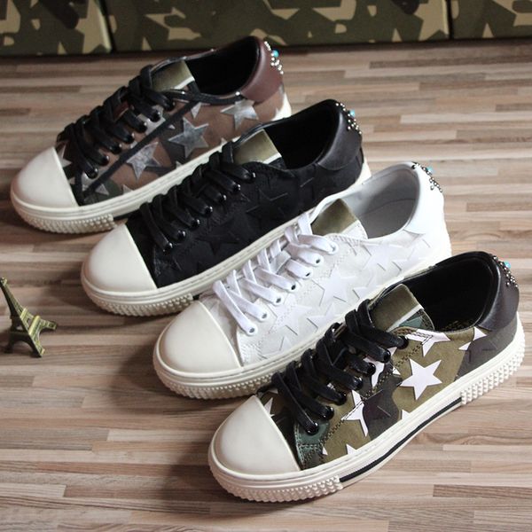 

size 34-46 women men casual shoes camouflage genuine leather lace up couple shoes flat star shoes, Black