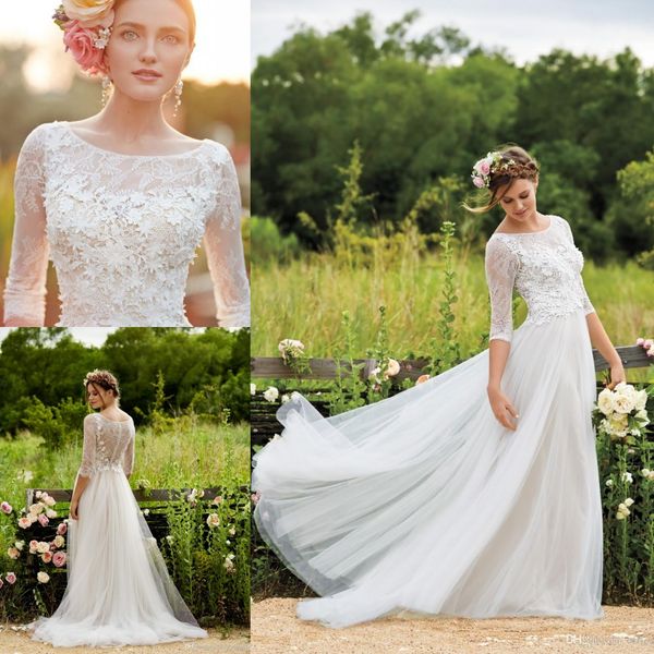 

bhldn 2020 spring full lace wedding dresses with half sleeves a line scoop tulle floor length floral appliqued lace beach bridal gown ba1642
