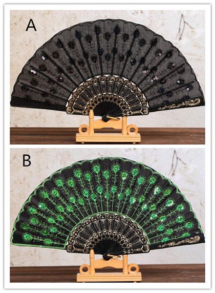 

popular chinese folding peacock hand fan bead fabric decor colored embroidered flower pattern black cloth folding hand fan