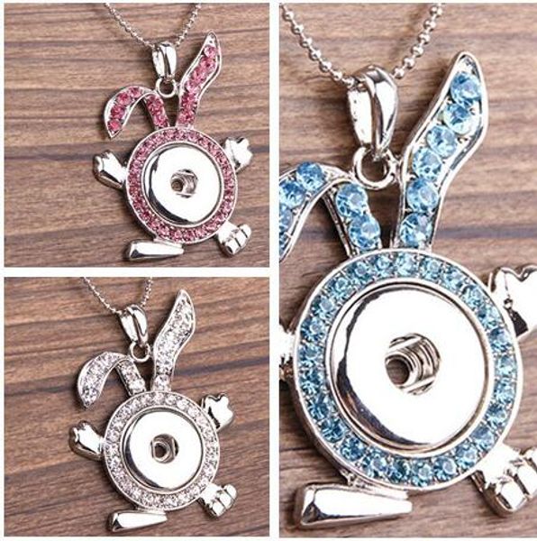 

3 colors new rhinestones rabbit ginger button pendant necklace snap jewelry with diy interchangeable snaps jewelry, Silver
