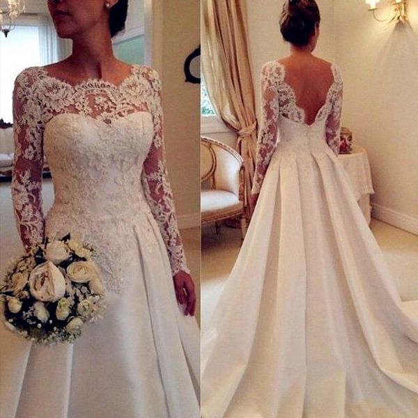 

vintage lace long sleeve wedding dresses bateau neck nack with appliques a line court train satin bridal gowns, White