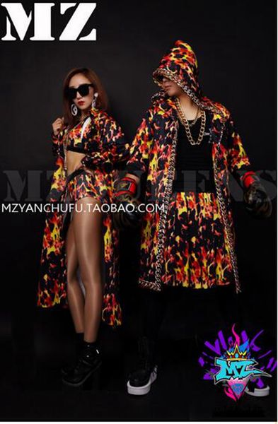 

певица модного взлетно-посадочной полосы грубой золотой цепочки боксерского пламени с капюшоном костюмов с короткими рукавами. s - 6 xl, Black;red