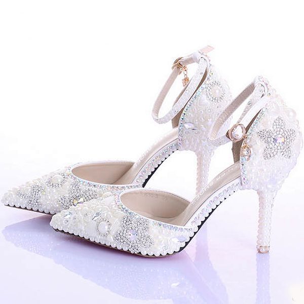 

Sexy Pointed Toe Wedding Shoes Fashion Ivory Pearls Genuine Leather Party Prom Heels Ankle Straps Rhinestone Women Pumps