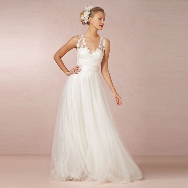 

ivory beach behomia wedding dresses v neck sheer tulle a line bridal dresses gowns vestido de noiva 2016 summer, White