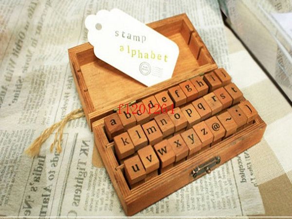 Kostenloser Versand 30pcs /Set in Holzbox Holz Antiquitätenstempel Schult Schoolbuch Alphabet Symbole oberes Gehäuse, 20Sets /Los