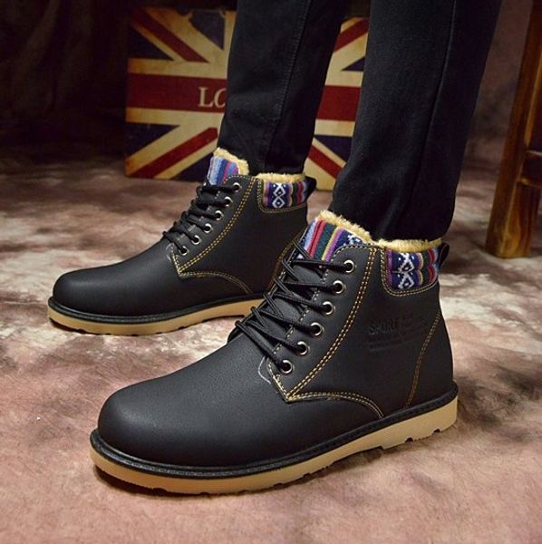 

2017 men winter warm snow boots martin pu ankle boots motorcycle casual shoes thermal outdoor wear thick fashion flats shoes, Black