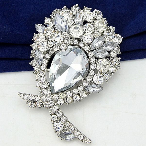 Banhado A Prata Do Vintage Impressionante Diamante Grande Arco Broche Elegante Grande Cristal De Vidro Waterdrop Bling Bling Enorme Broche Broche