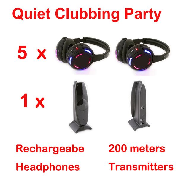 Cuffie wireless a led RF Sistema Silent Disco - Pacchetto party in discoteca silenzioso con 5 cuffie 1 canale 1 trasmettitore