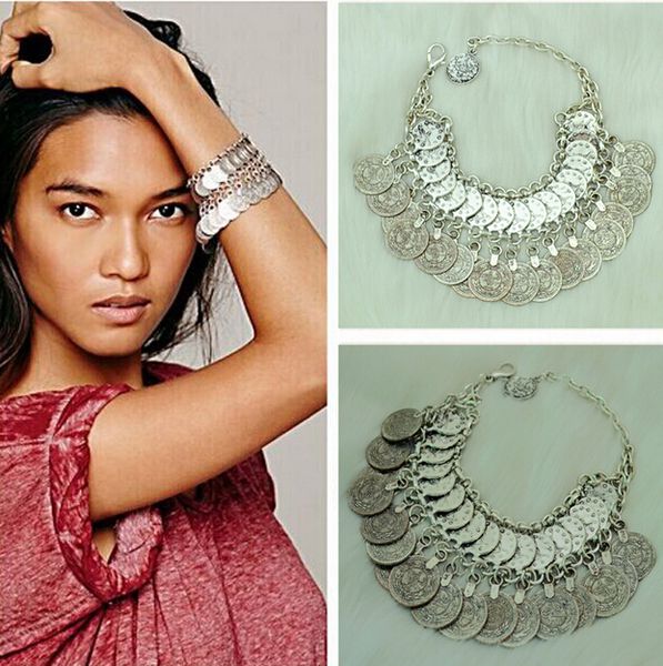 

turkish fashion vintage style handmade boho coin bracelet metal loop plates festival costume, Golden;silver