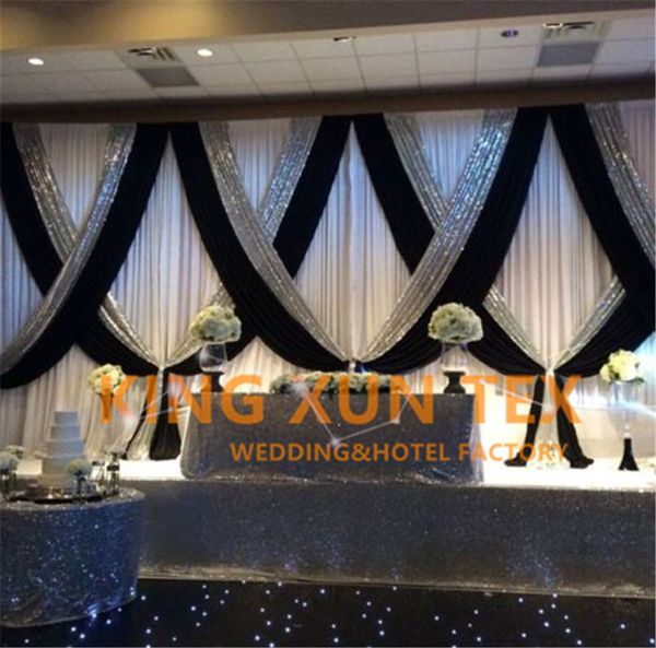 

white and black 3m*6m wedding backdrop curtain \ stage background with silver sequin fabric for event decoration