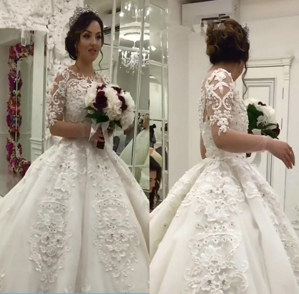 

2018 бальное платье boho свадебные платья арабский старинные роскошные жемчуг кружева аппликации с длинным рукавом мусульманские свадебные п, White