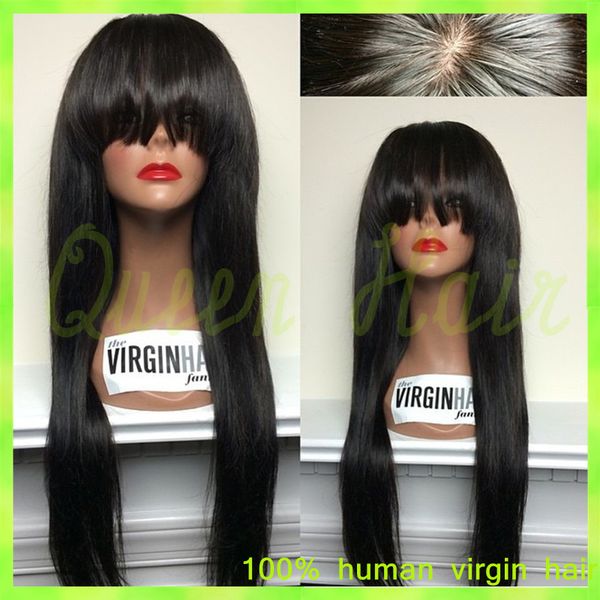 

6a quality glueless full lace wigs with bangs straight virgin brazilian human hair wigs bleach knot for black women hipping, Black;brown