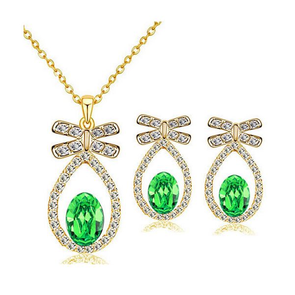 

austria crystal pendant jewelry set fashion water drop gold silver diamond necklace earrings for bride jewelry 8224