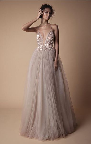 

berta spaghetti straps prom dresses deep v neck dress evening wear bead party gowns with 3d flowers, Black