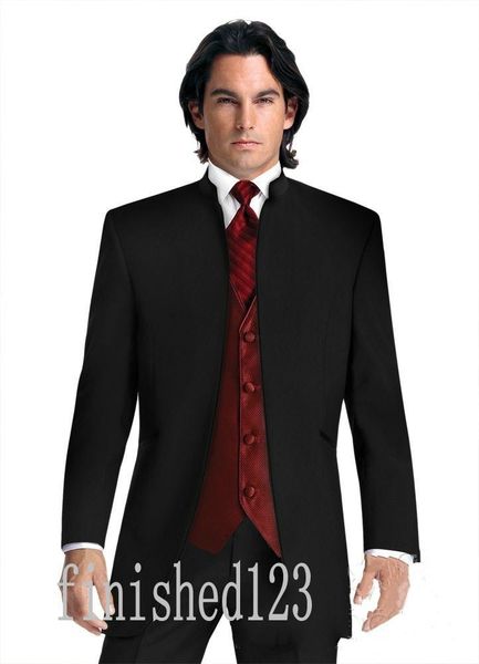 

new arrival black groom tuxedos stand collar groomsmen man wedding prom dinner suits (jacket+pants+vest+tie) g5052, Black;gray