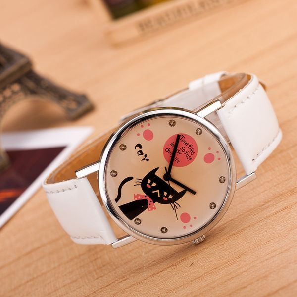 

wholesale-186 new 8 color fashion white cut cat kitten fashionable dress quartz watch for women lady ladies sports wristwatches, Slivery;brown