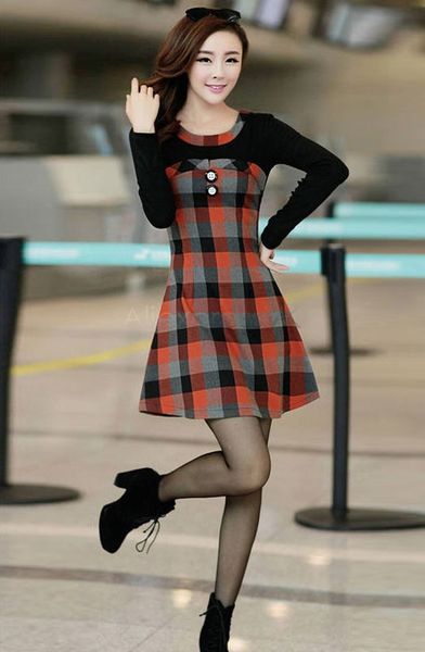 Горячая распродажа женское элегантное платье винтаж корейский плед зимнее повседневное платье с длинным рукавом зимнее дно платье b9 CB031661