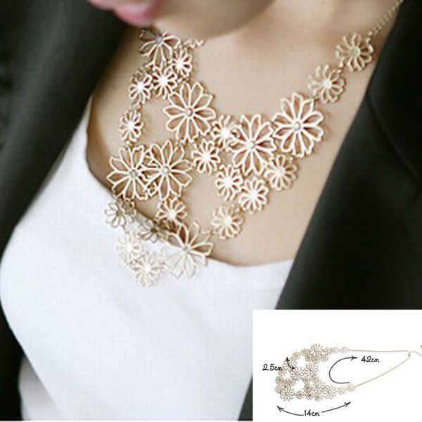 

wholesale-new multilayer gold hollow flowers statement necklaces for women choker necklace ing, Golden;silver