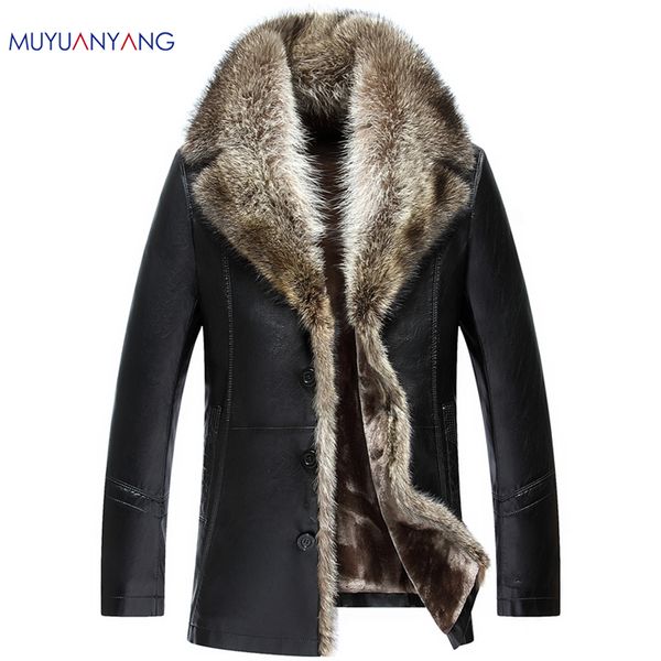 

wholesale- mu yuan yang new winter faux leather coat for male casual faux leather coat overcoat xxxl xxxxl pu jackets leather big size, Black