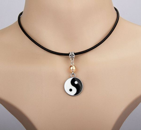 

10pcs/lot zinc alloy drop glaze yin yang necklace multicolor glass bead charm pendant leather rope necklace jewelry valentine's day pre, Silver