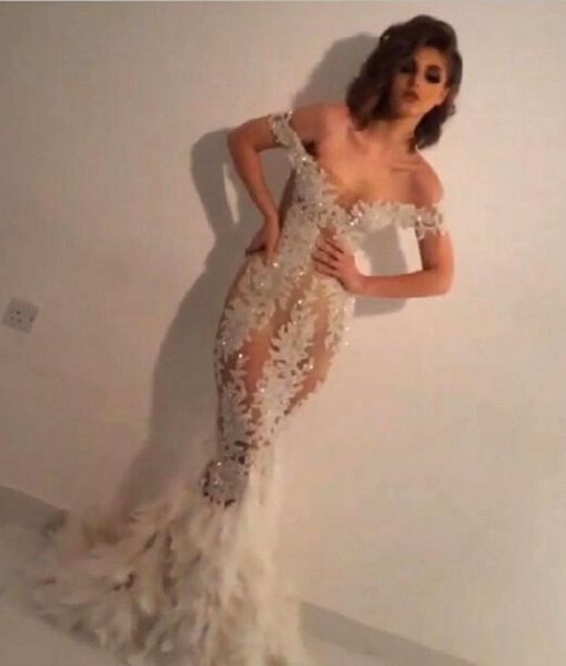 

latest see through lace applique evening dress mermaid off shoulder bead sequin feather arabic party dress prom dress vestidos de novia, Black;red