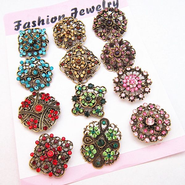 

12PCS Mixed Flower Multicolor Crystals Wedding Decoration Brooch Pin Hot Selling Silver And Gold Color Party Broaches Vintage Style Pins