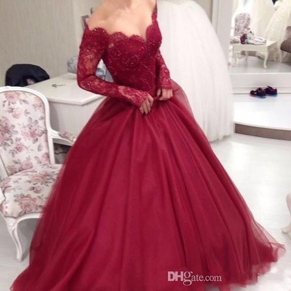 

2020 новый burgundy с плеча бальное платье с длинными рукавами кружева вечерние платья аппликация бисером длиной до пола пром вечерние плать, Black;red