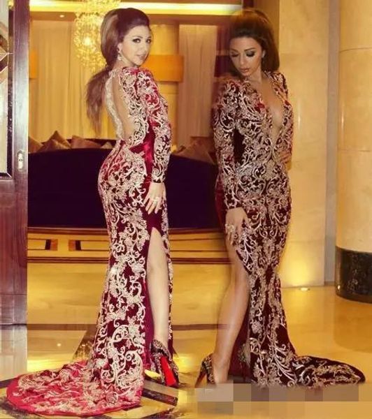 

2020 myriam fares high split evening dresses burgundy mermaid plunging v neck lace applique long sleeves arabic celebrity party gowns, Black;red