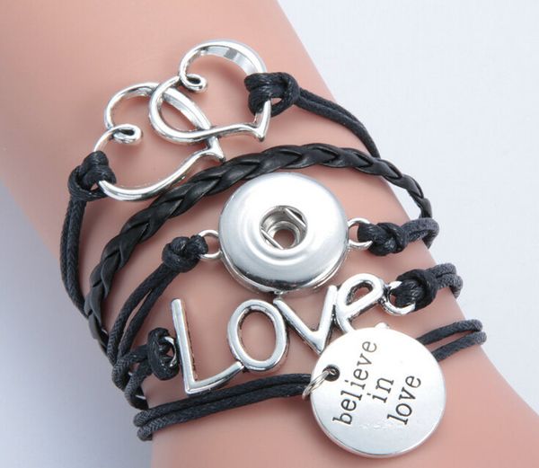 

new double heart love believe in love noosa button bracelet alloy pu leater woven handmade snap button bracelet diy jelwery diy accessories, Golden;silver