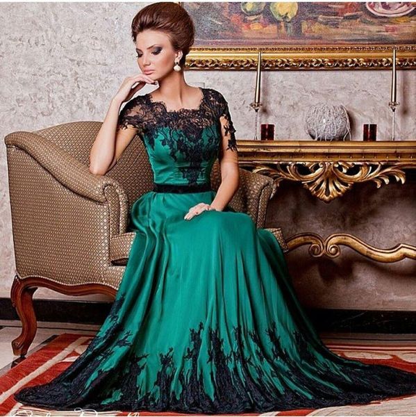 

vintage emerald green mother of bride dresses short sleeves 2016 black lace sash a line women evening formal dress prom gowns party wedding, Black;red