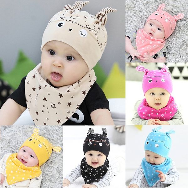 

toddler child baby boys girls sleep hat cap+saliva towel triangle head scarf set lovely hat scarf set, Yellow