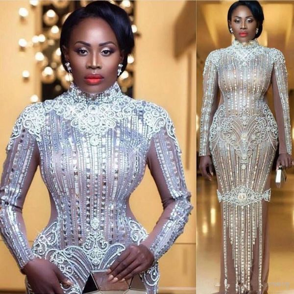 

new crystals elie saab formal dresses evening wear high collar long sleeves rhinestones prom dress floor length plus size red carpet gown, Black;red