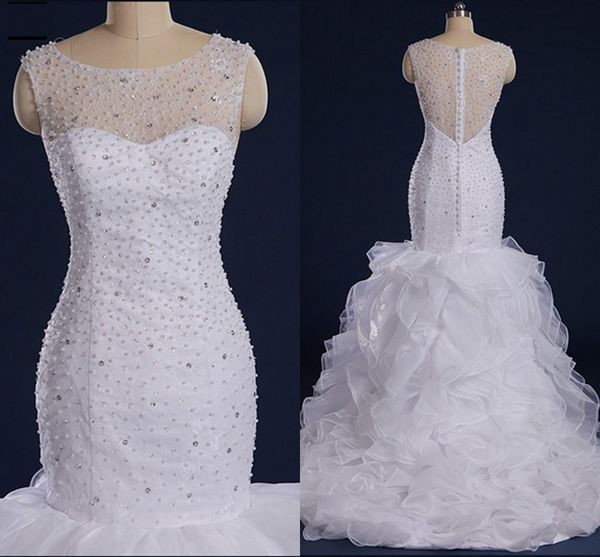 Wunderschöne Perlen Meerjungfrau Brautkleider Vestido De Noiva Sereia Sheer Rücken und Hals Organza Rüschen Brautkleid Kleid Echte Fotos