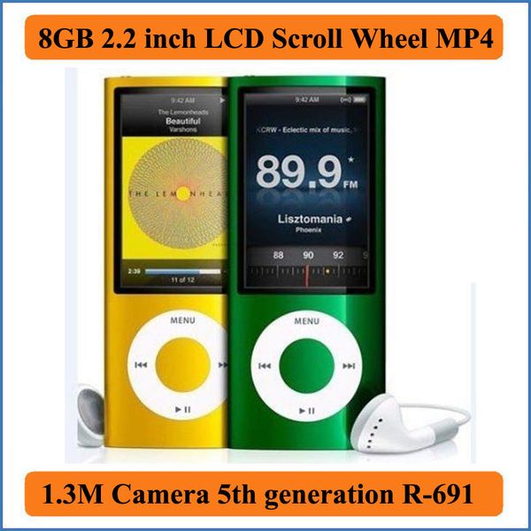 Spedizione gratuita Più economico 5a generazione Lettore MP4 da 8 GB Rotella di scorrimento LCD da 2,2 pollici Fotocamera da 1,3 MP Lettori Mp3/MP4 alla moda R-691