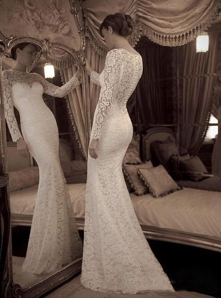 

mermaid lace white elegant beautiful sheath long sleeves buttons jewel custom made in stock wedding dresses