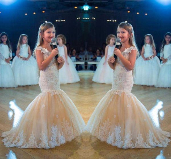 

Cute Mermaid Girls Pageant Gowns Lace Applique Sleeveless Cheap Flower Girls Dresses Children Organza V Neck Kids Birthday Party Dress
